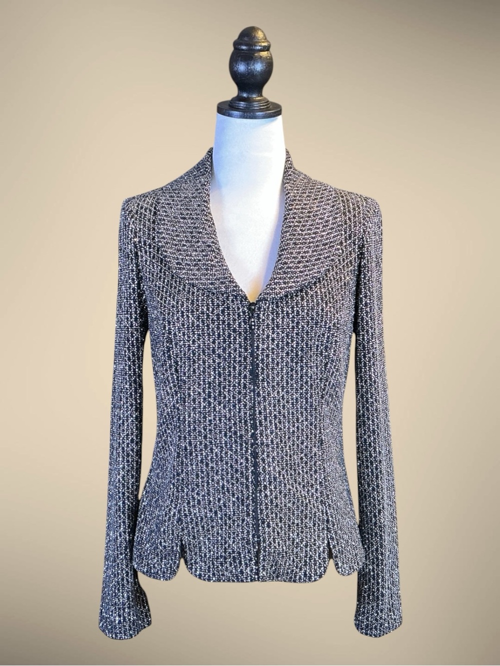 R&K Blazer Jacket Black Silver Metallic Zip Front Glam Cocktail Party Holiday 10